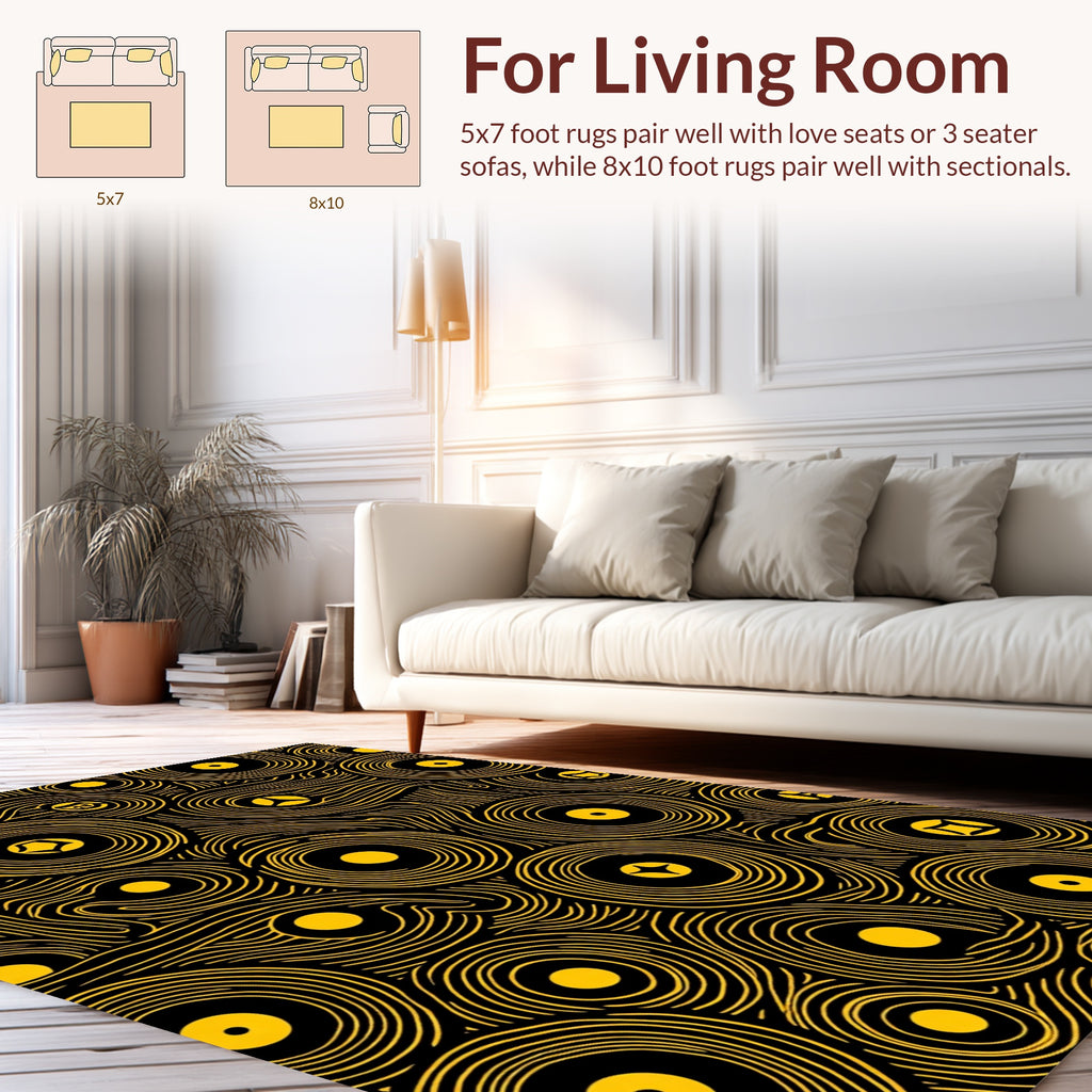 Yellow Circular Pattern In Black Rug