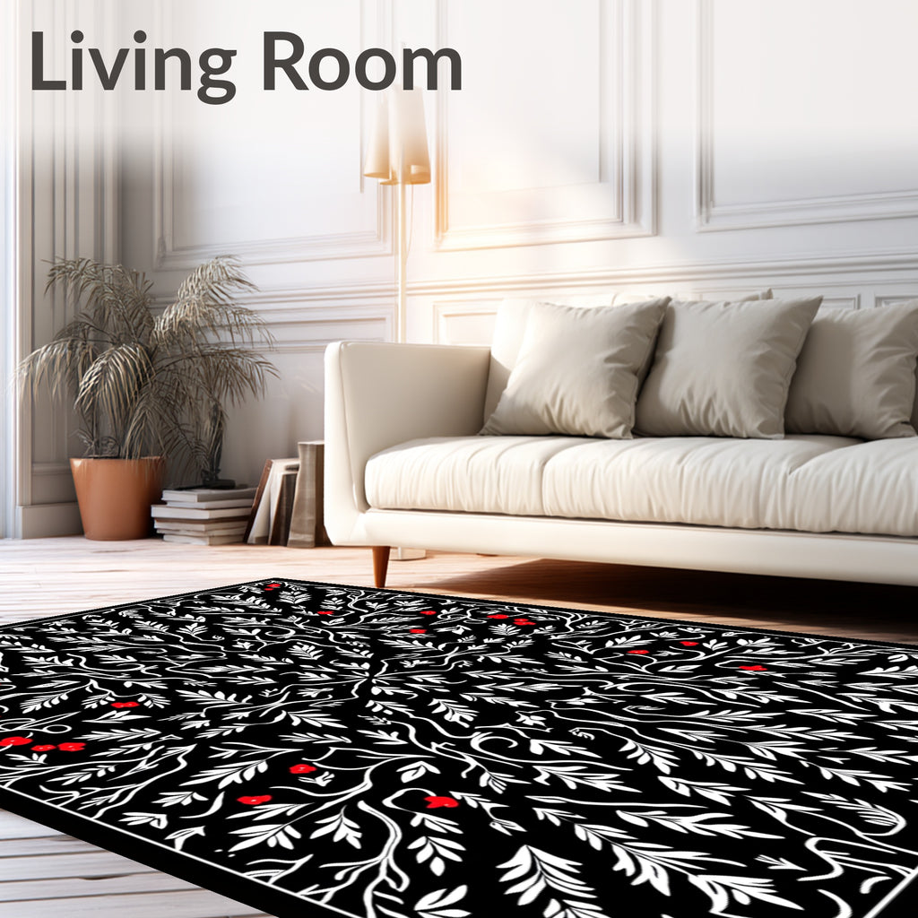 Black White Red Floral Vine Medallion Rug