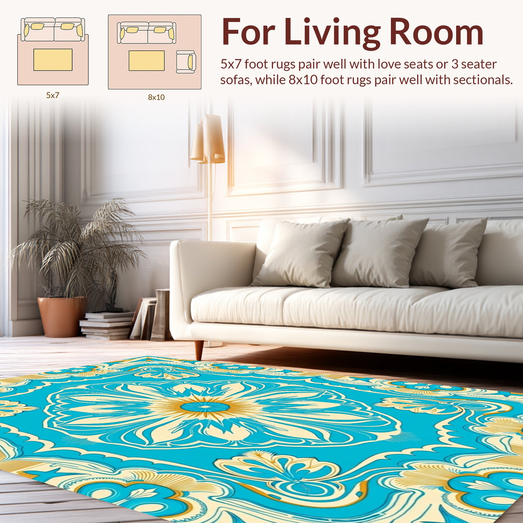 Bright Blue Gold Floral Medallion Design Rug