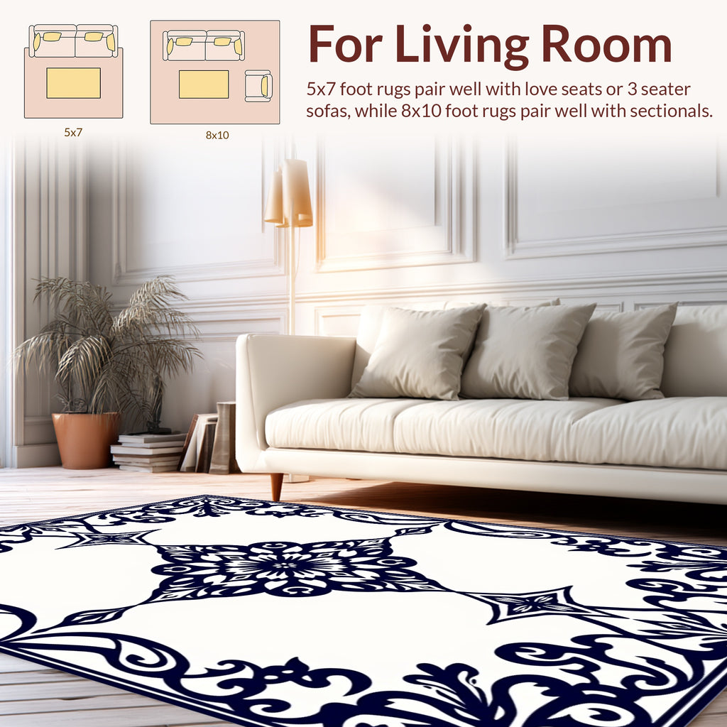 Elegant Dark Blue Floral Symmetry Rug