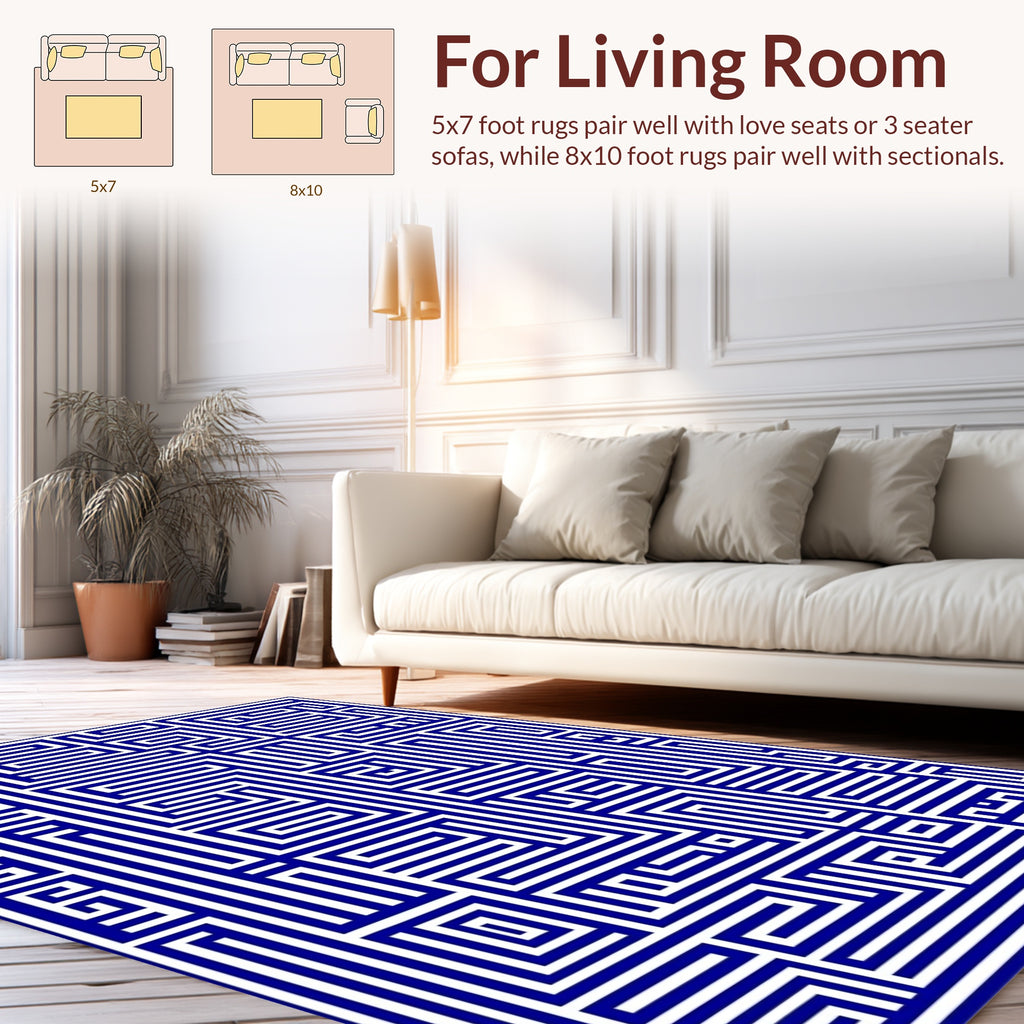 Navy White Geometric Maze Pattern Rug