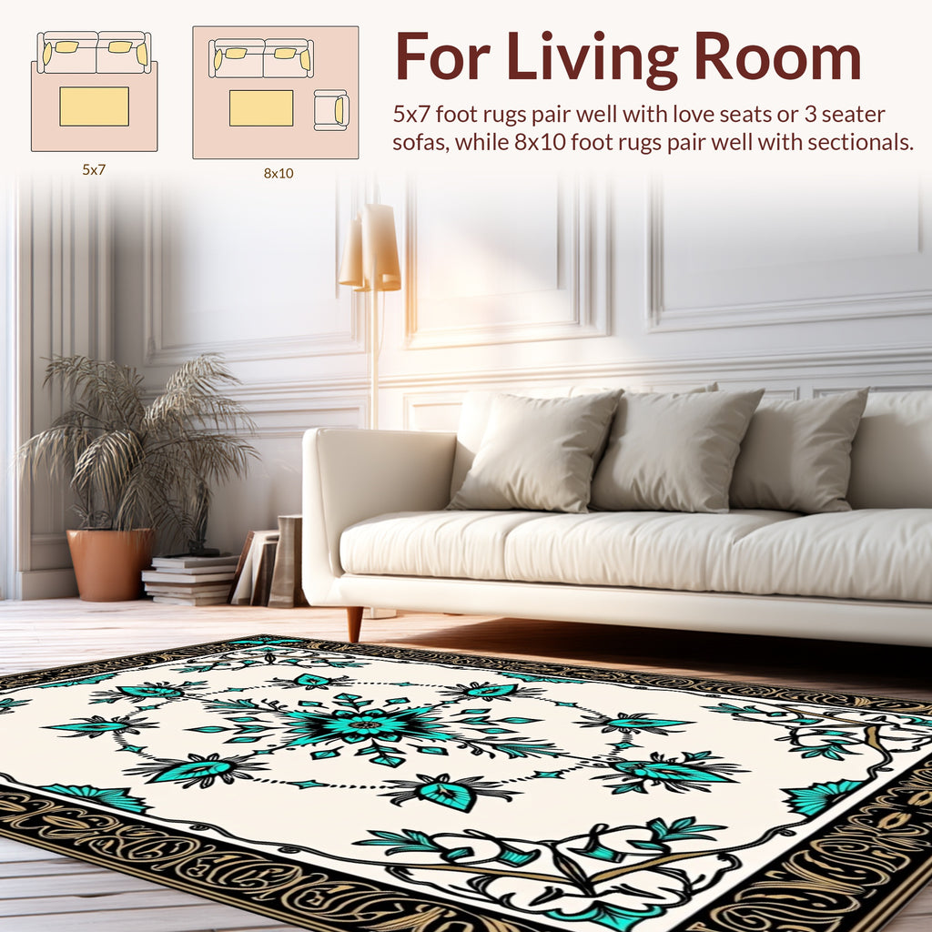 Ornate Turquoise Floral Scrollwork Rug