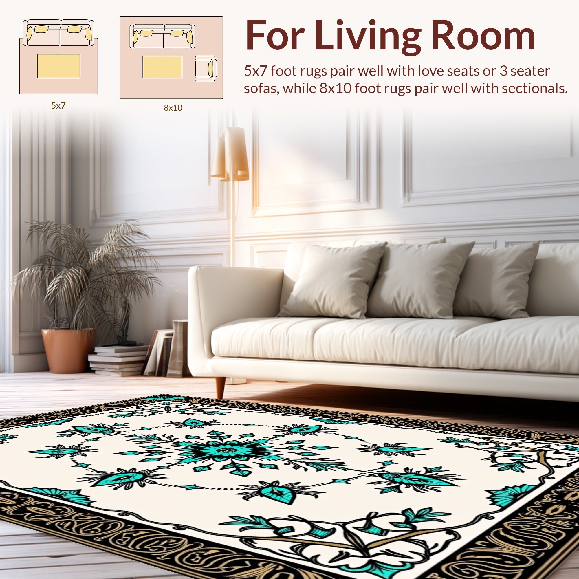 Ornate Turquoise Floral Scrollwork Rug