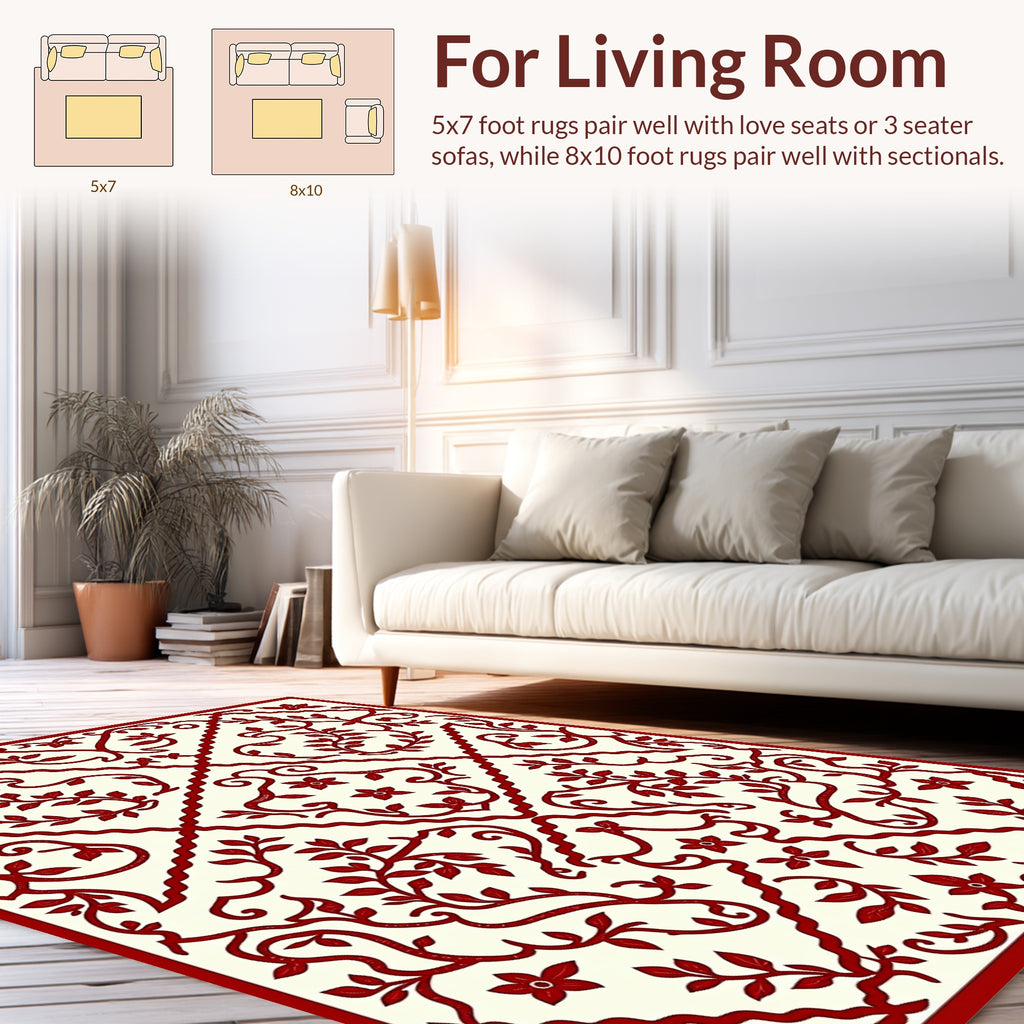 Red Floral Vine Patterned Rug