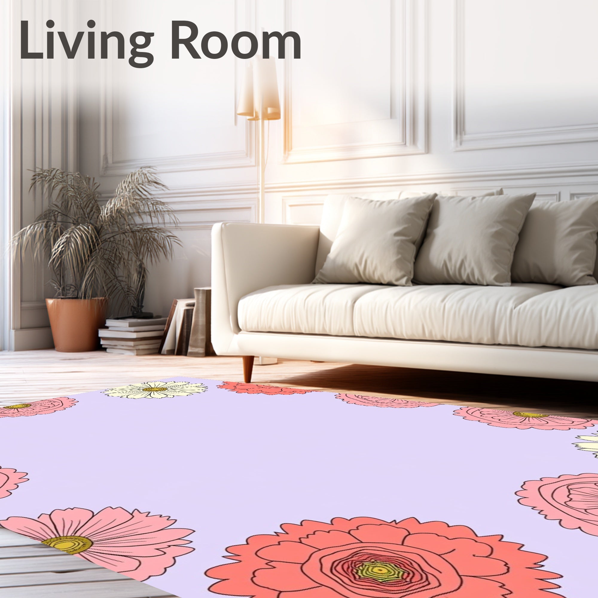 Pink Coral Cream Floral Frame Rug