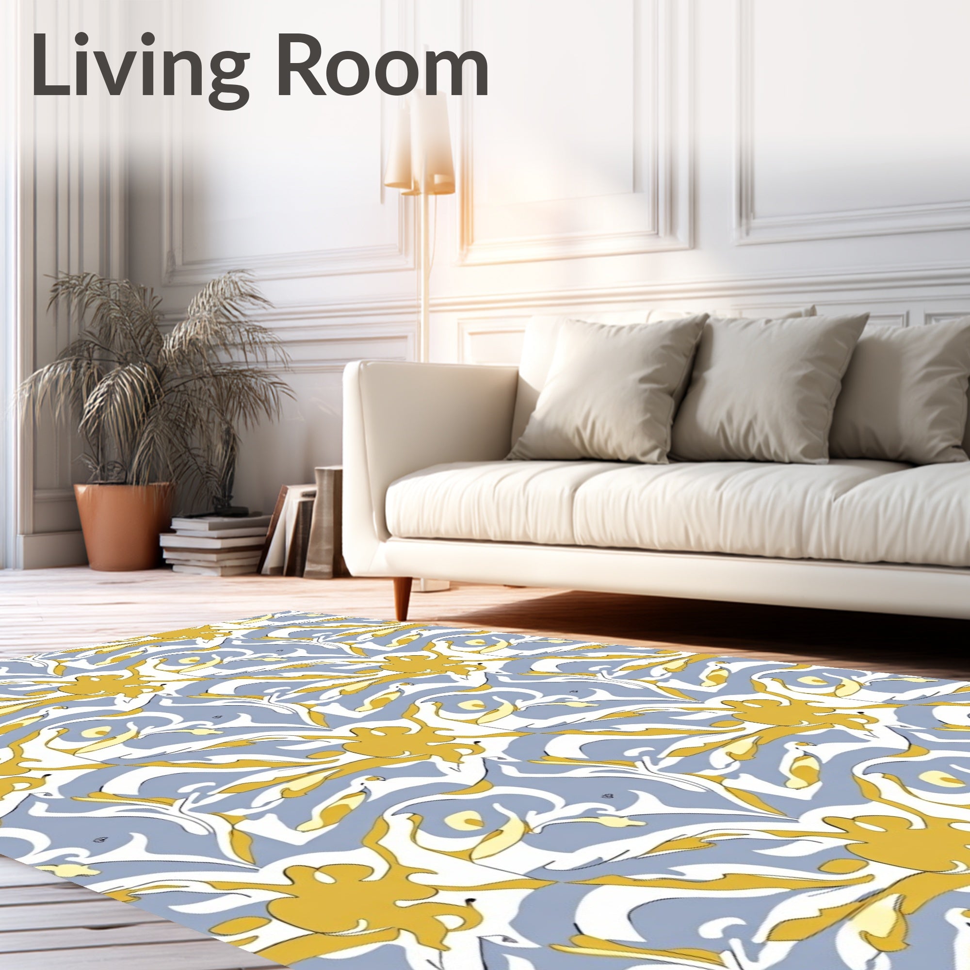 Gold White Blue Abstract Swirl Rug