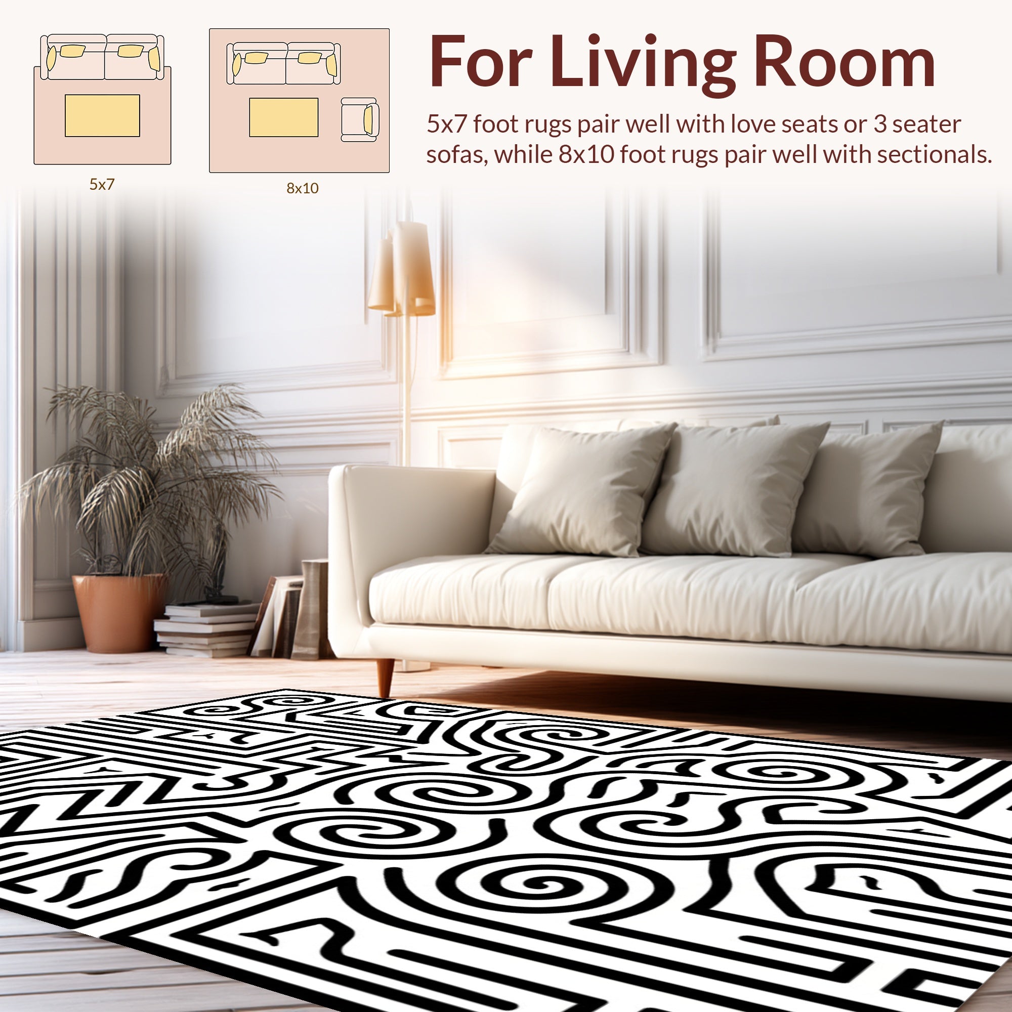 Intricate Black White Maze Pattern Rug