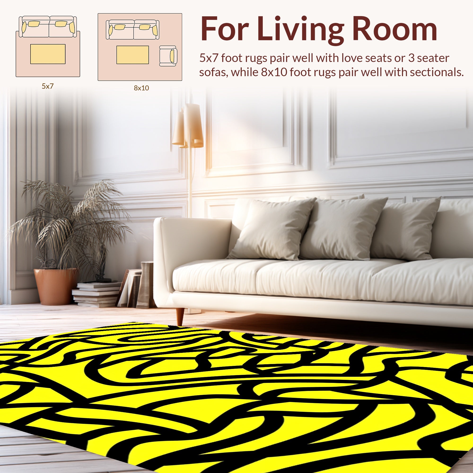 Bold Black Abstract Yellow Curves Rug