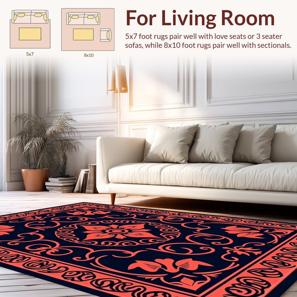 Coral Floral Intricate Border Rug