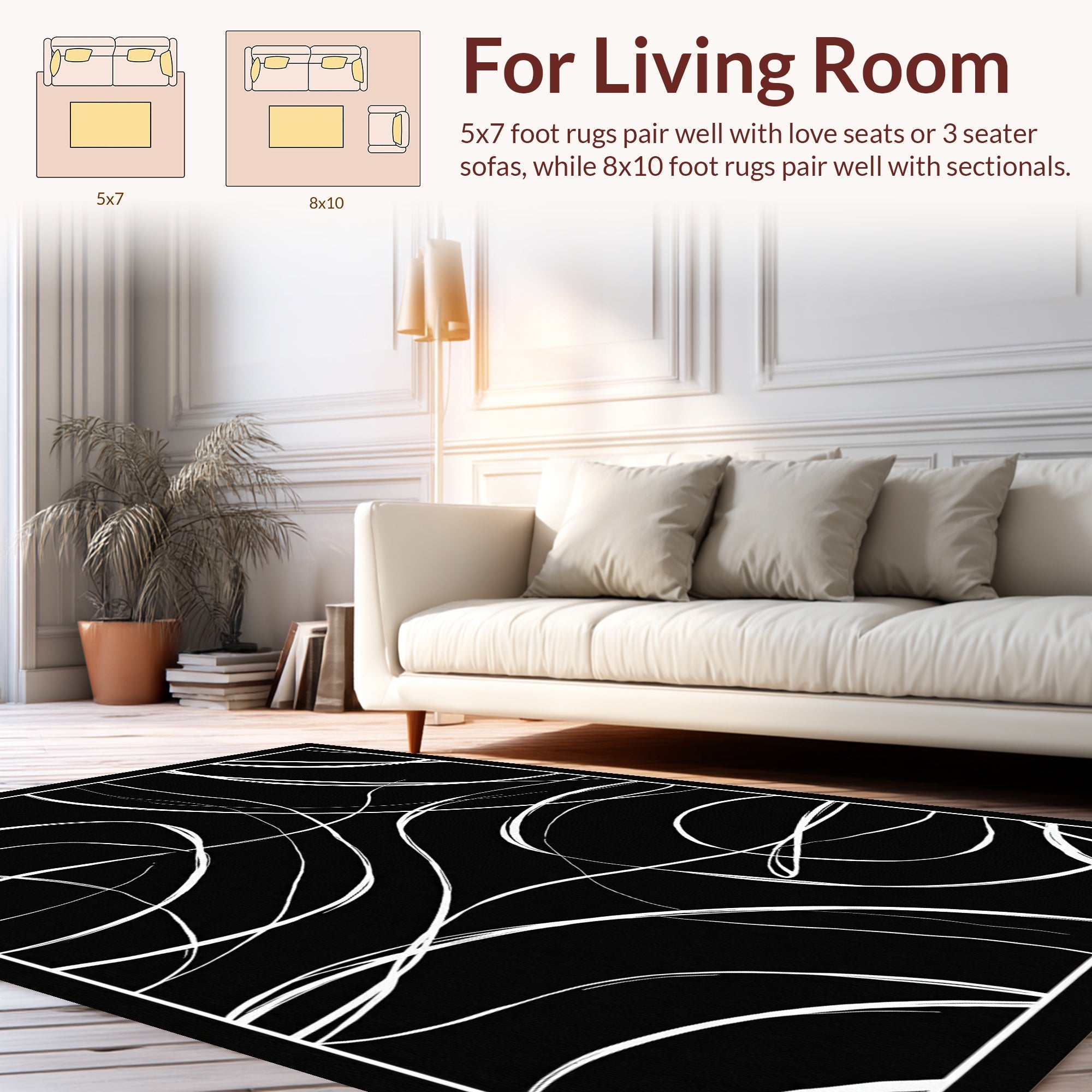 Abstract White Swirls Black Design Rug
