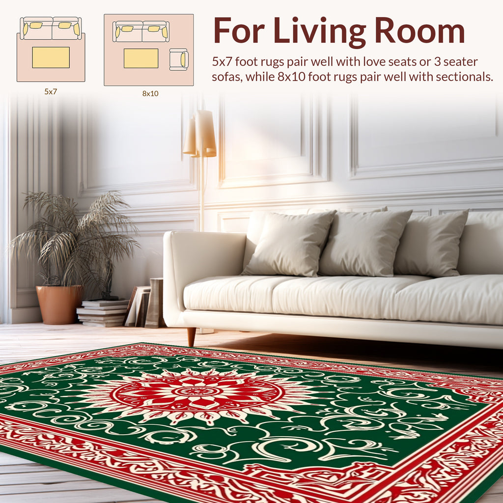 Classic Red Green Floral Medallion Rug