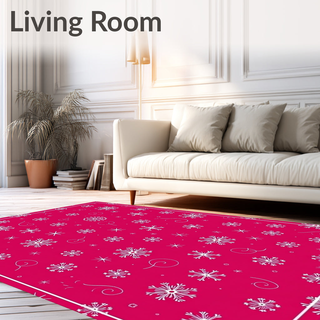 Festive White Snowflake Pink Background Rug