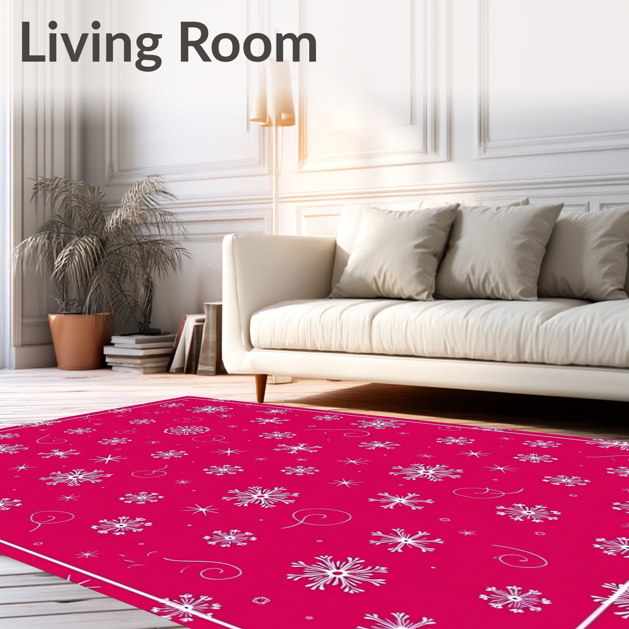 Festive White Snowflake Pink Background Rug