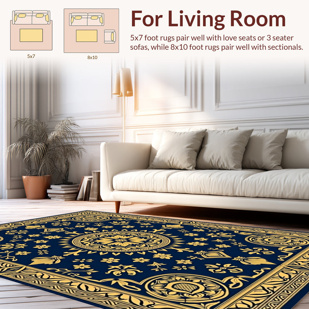 Ornate Gold Floral Blue Medallion Rug