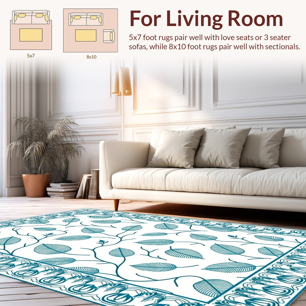Teal Leaf Vine Border Design Rug