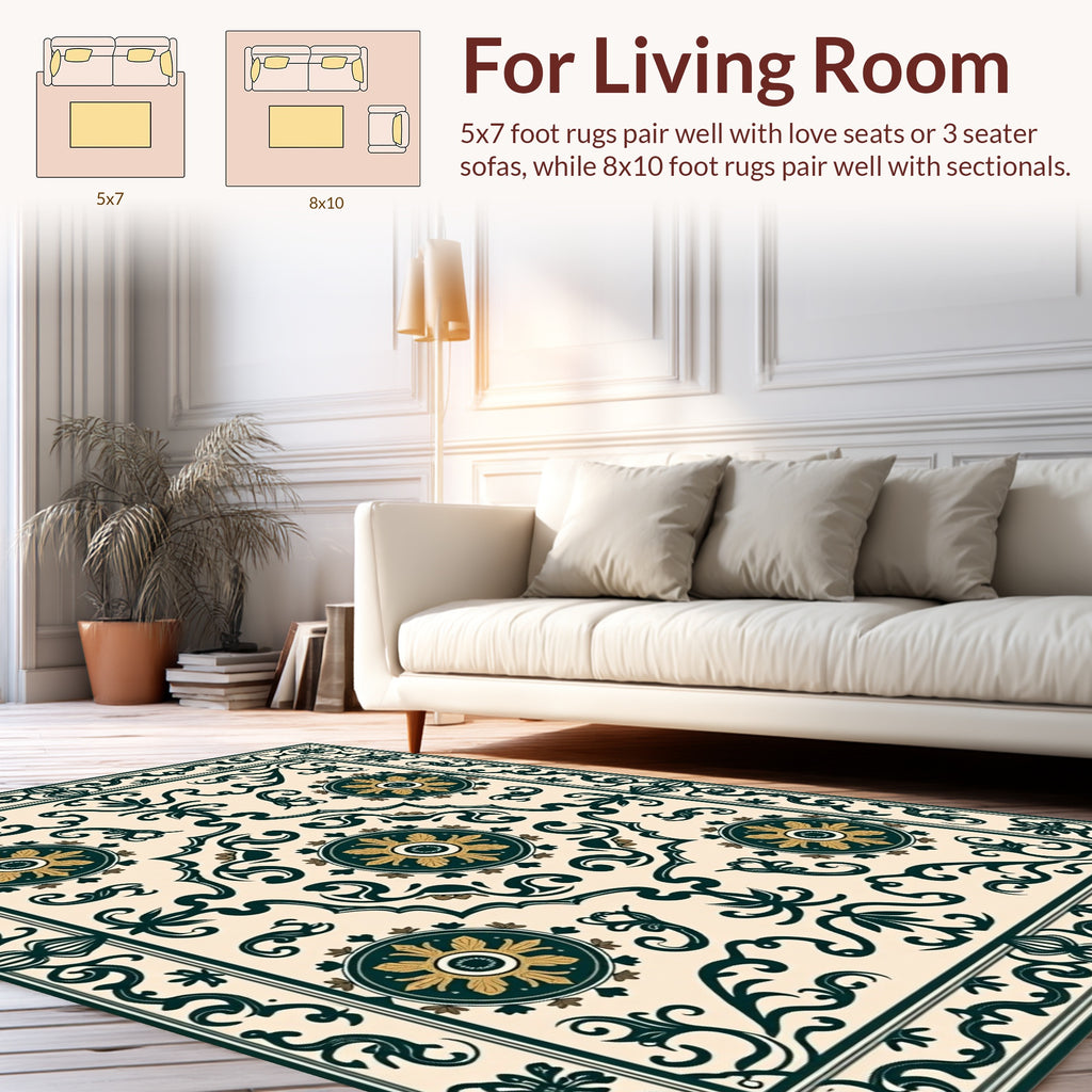 Ornate Medallion Emerald Scroll Design Rug