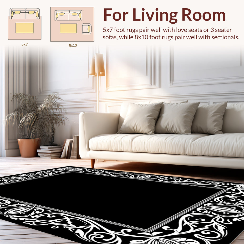 Black And White Floral Border Design Rug