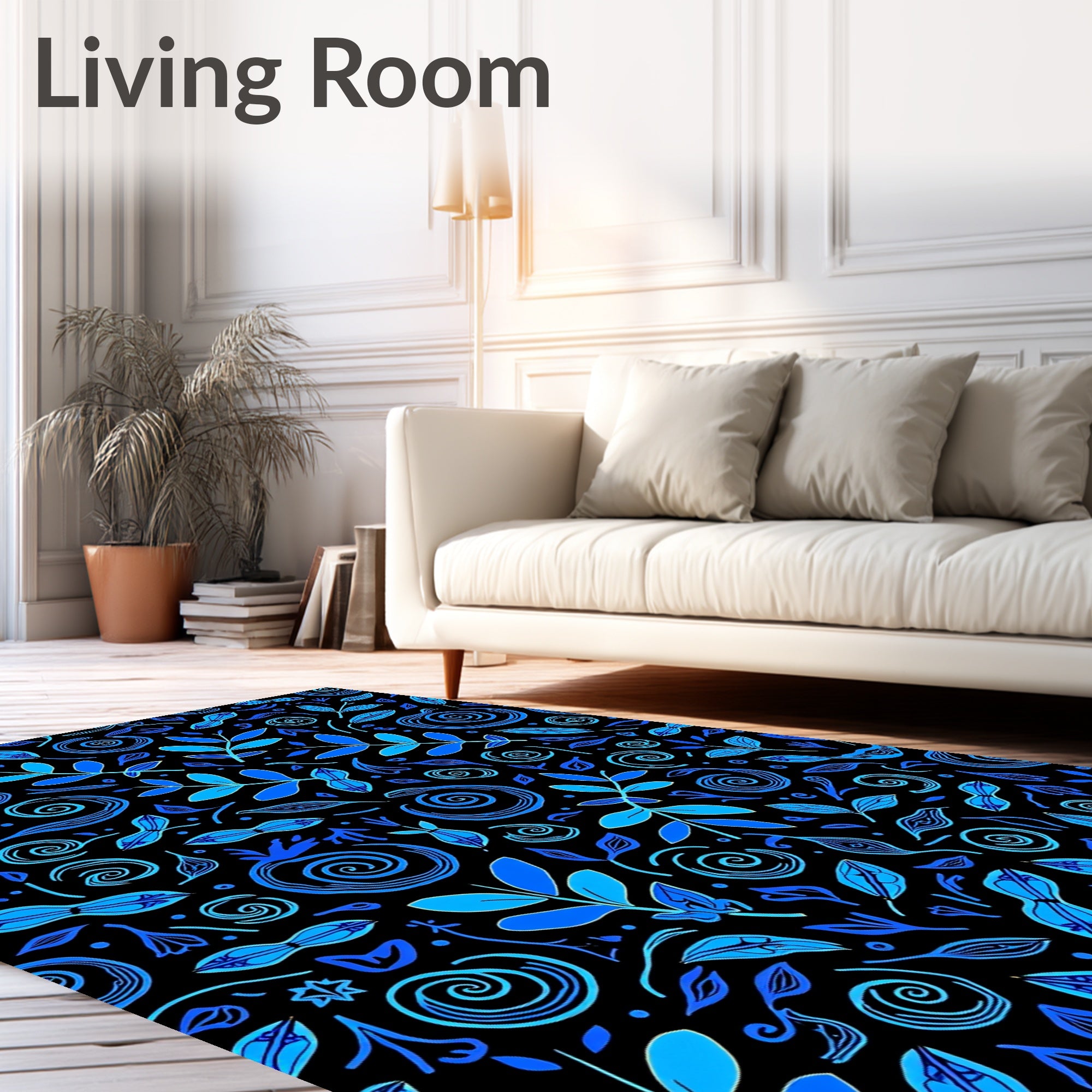 Vibrant Blue Leaf Swirl Composition Rug
