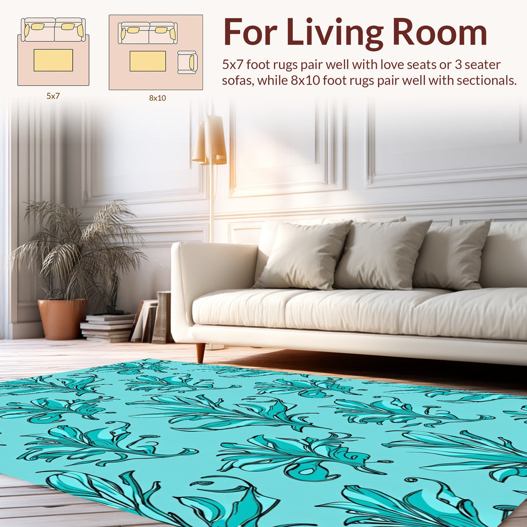 Aqua Floral Line Art Pattern Rug