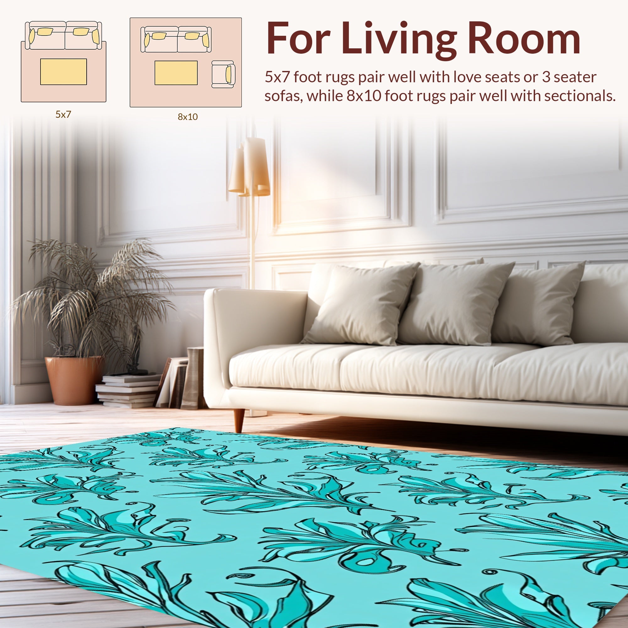 Aqua Floral Line Art Pattern Rug