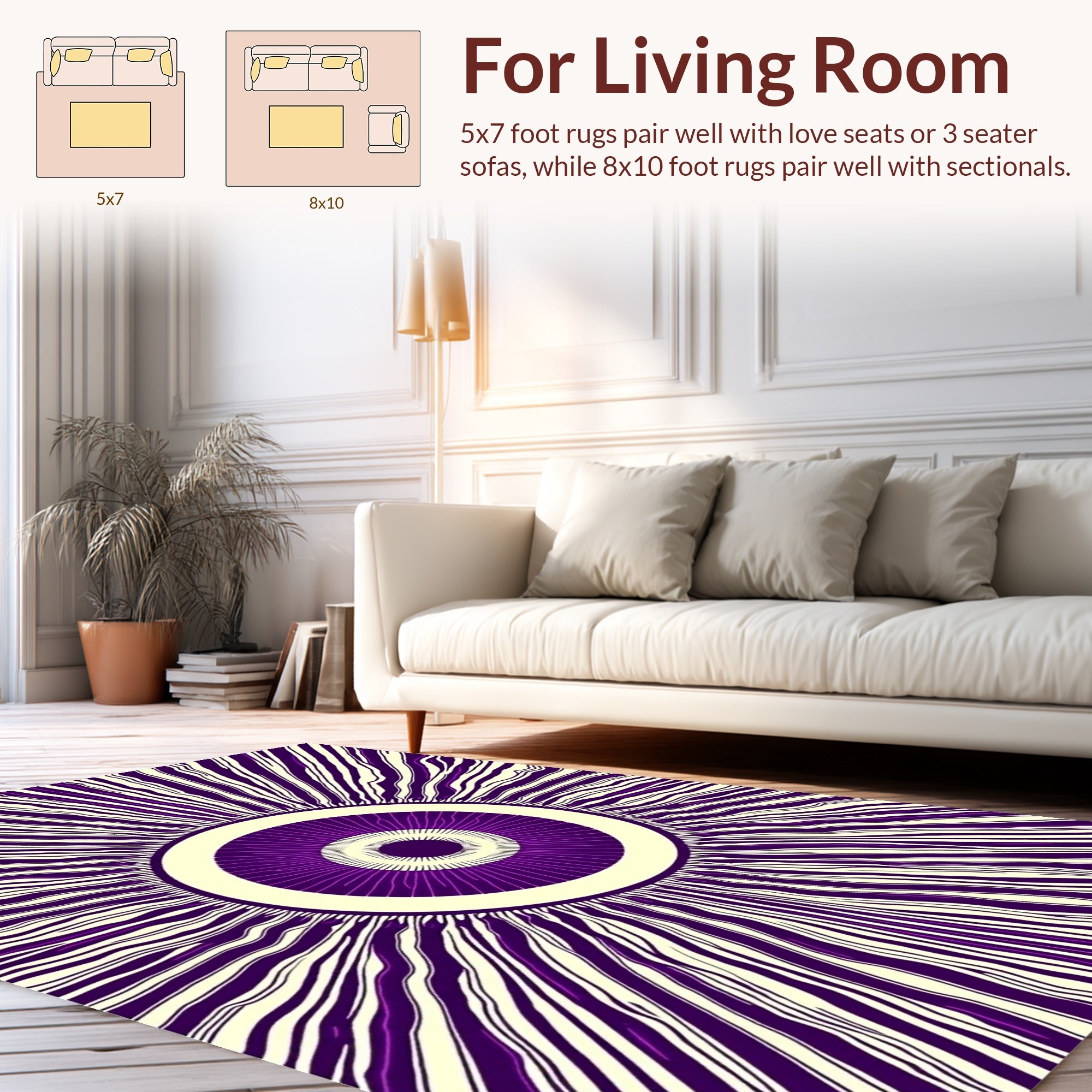 Radial Purple Cream Sunburst Design Rug