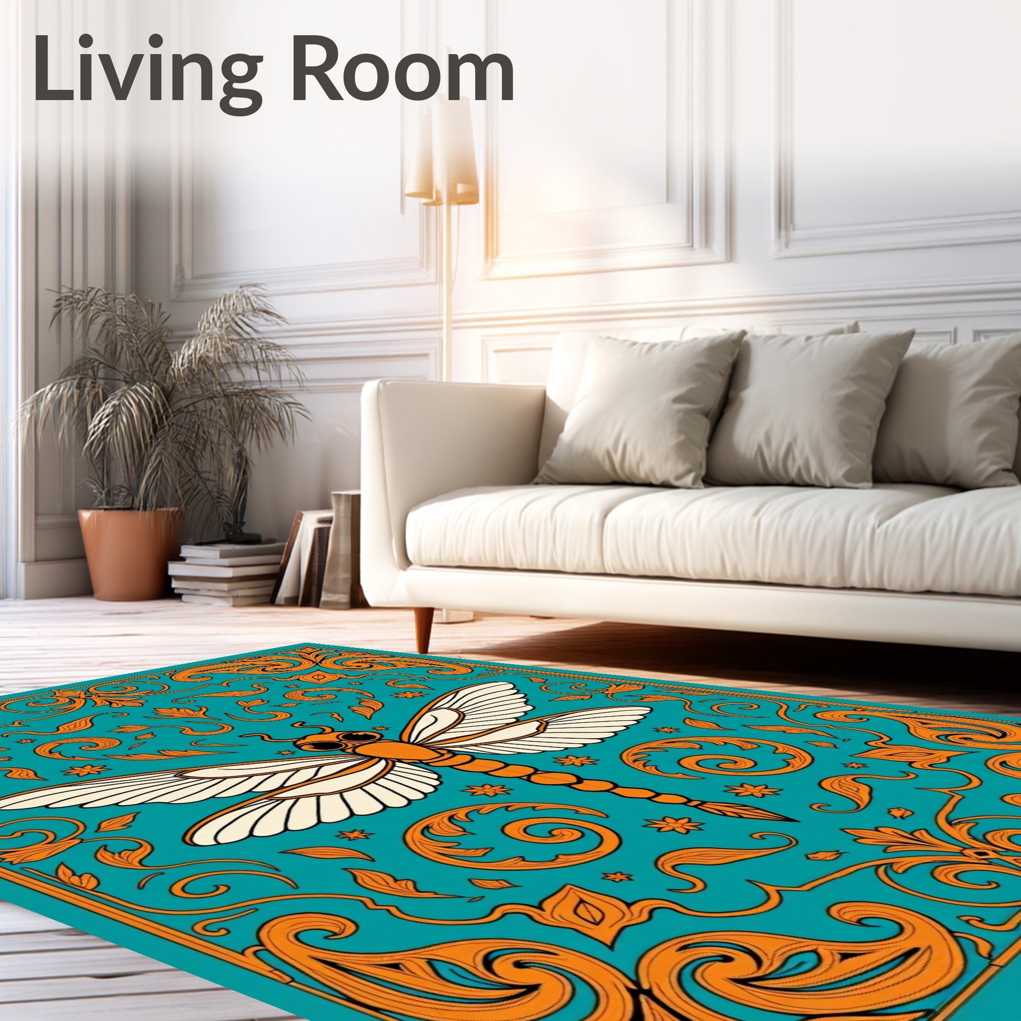 Orange Dragonfly Teal Baroque Rug