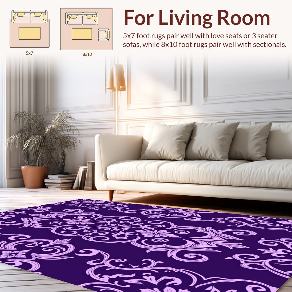 Ornate Violet Floral Damask Design Rug