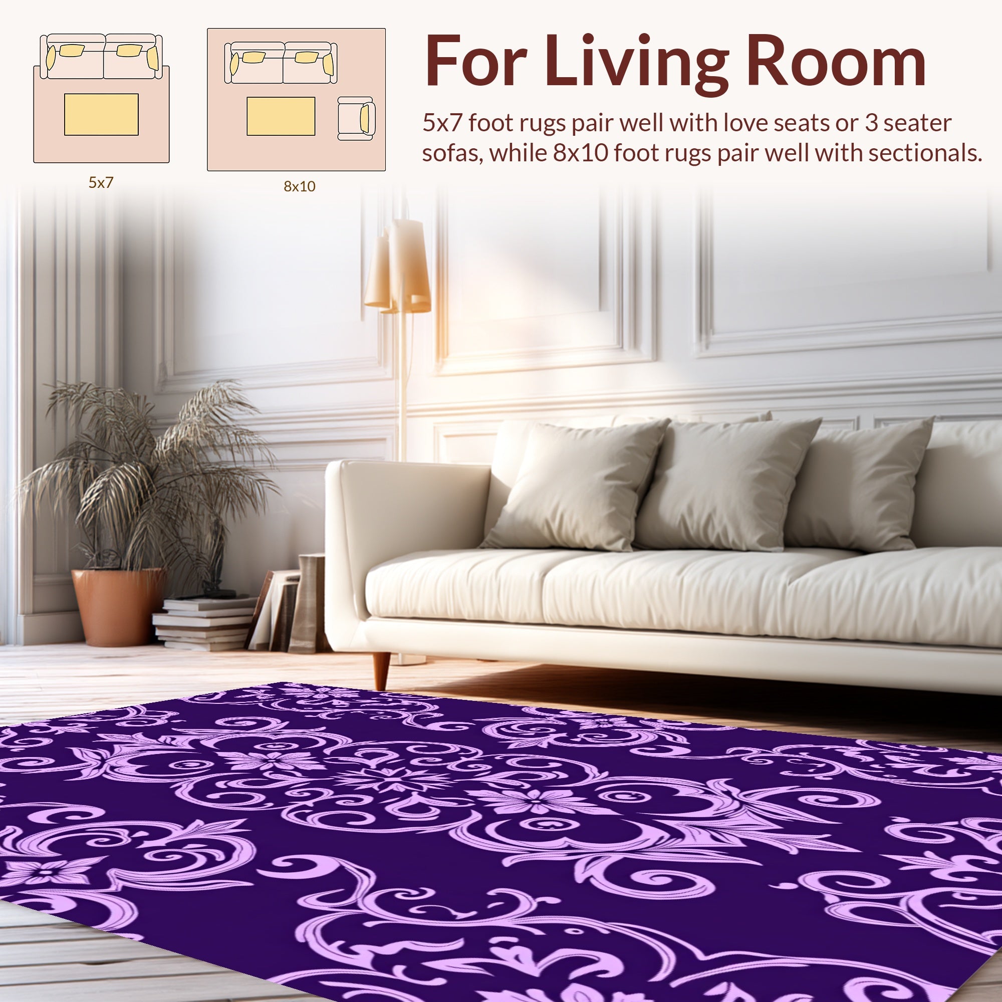 Ornate Violet Floral Damask Design Rug
