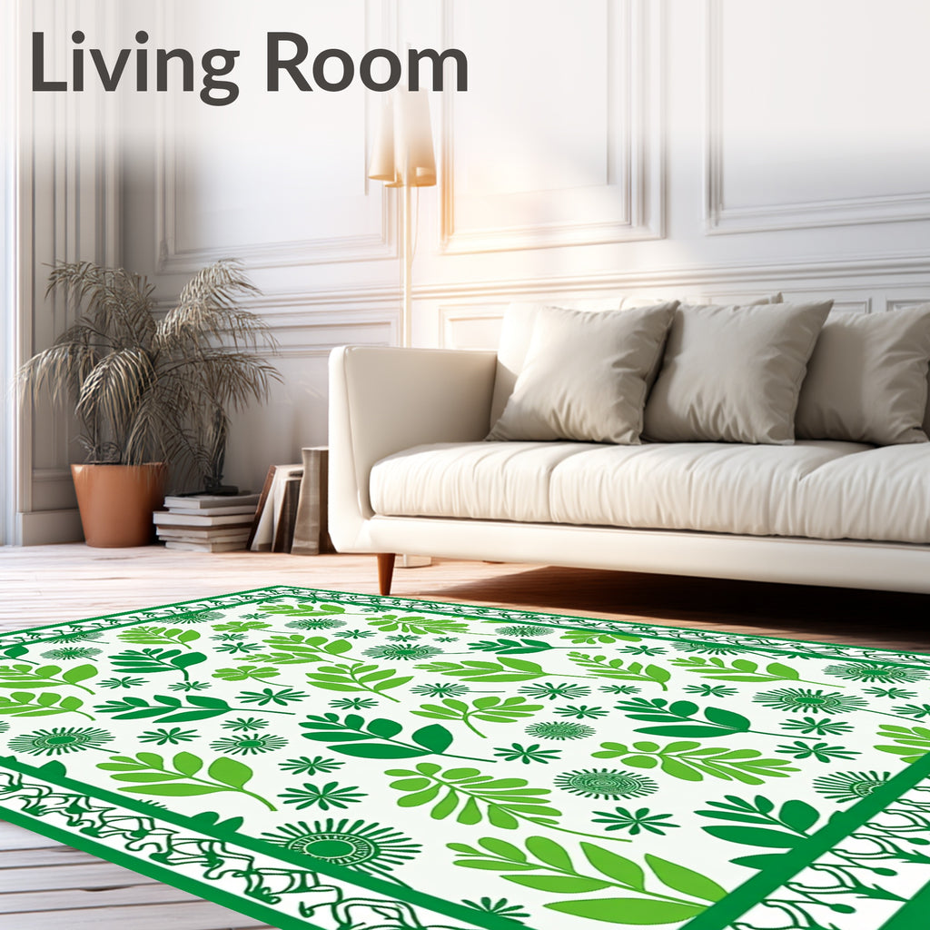Green Leafy Floral Bordered Rug