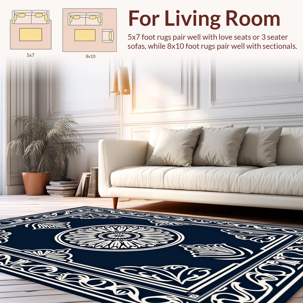 Ornate Navy Floral Medallion Pattern Rug
