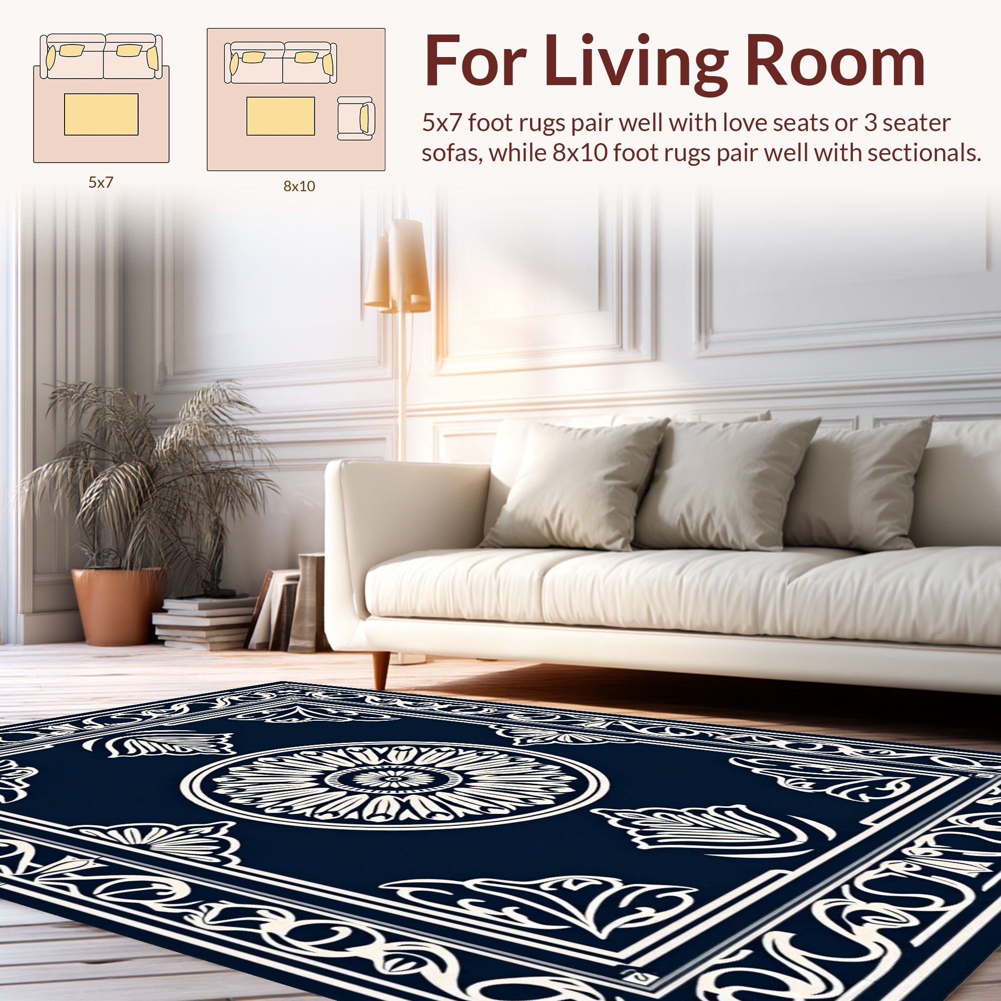 Ornate Navy Floral Medallion Pattern Rug