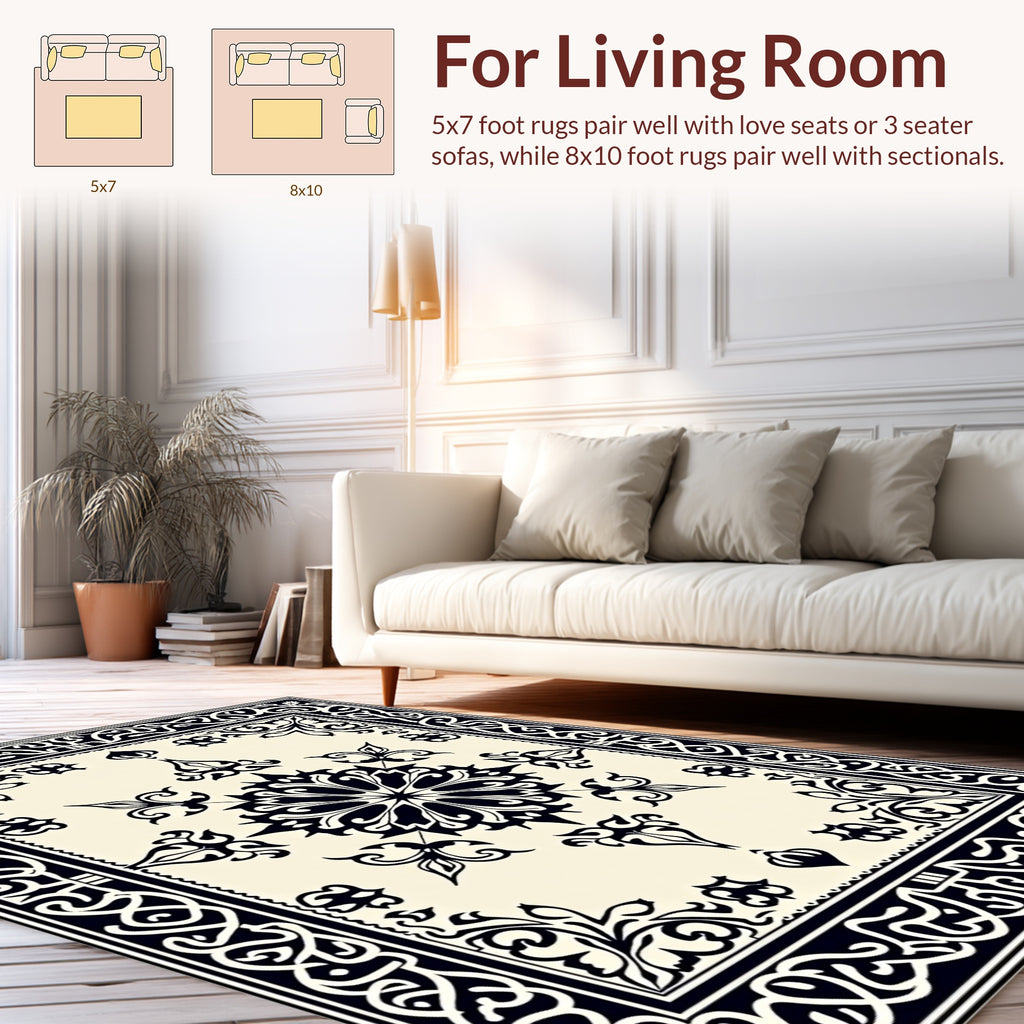 Classic Black Floral Medallion Border Rug