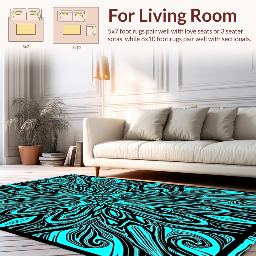 Cyan Black Abstract Swirl Floral Pattern Rug