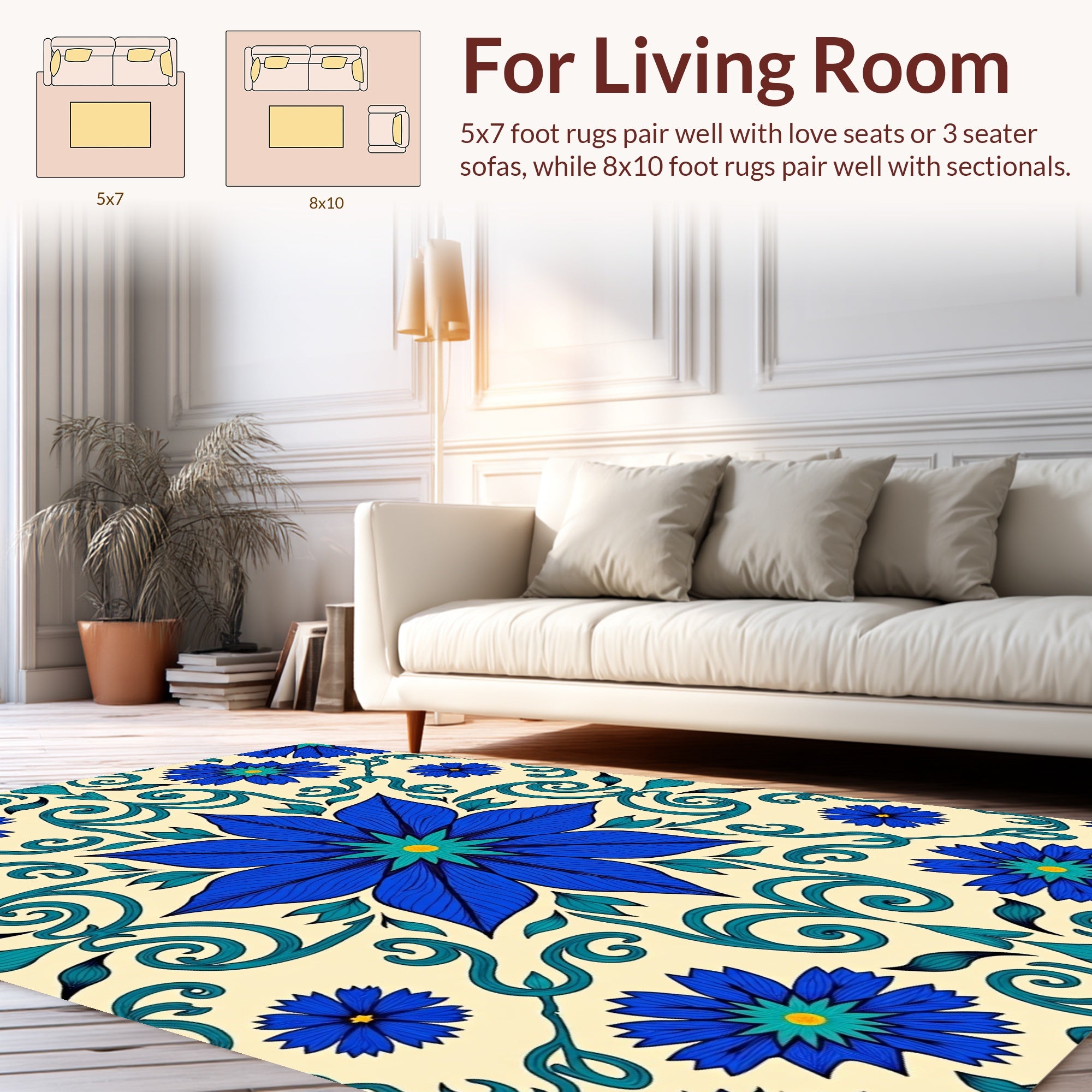 Vibrant Blue Floral Scrollwork Pattern Rug
