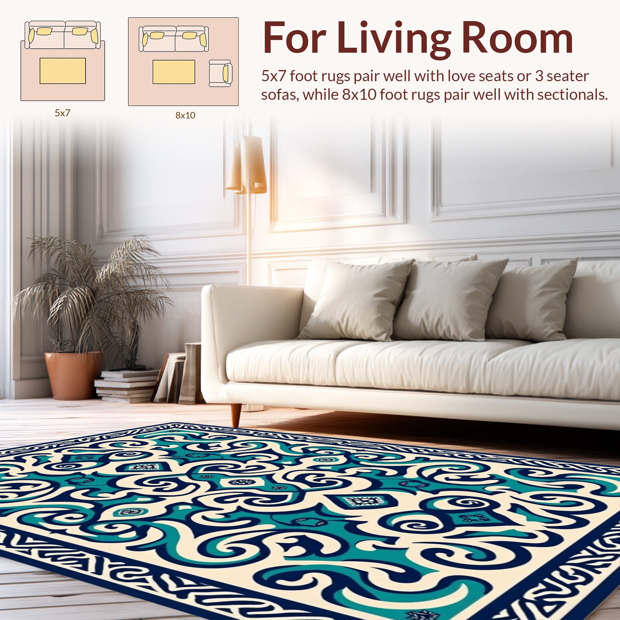 Elegant Teal Navy Scrollwork Pattern Rug