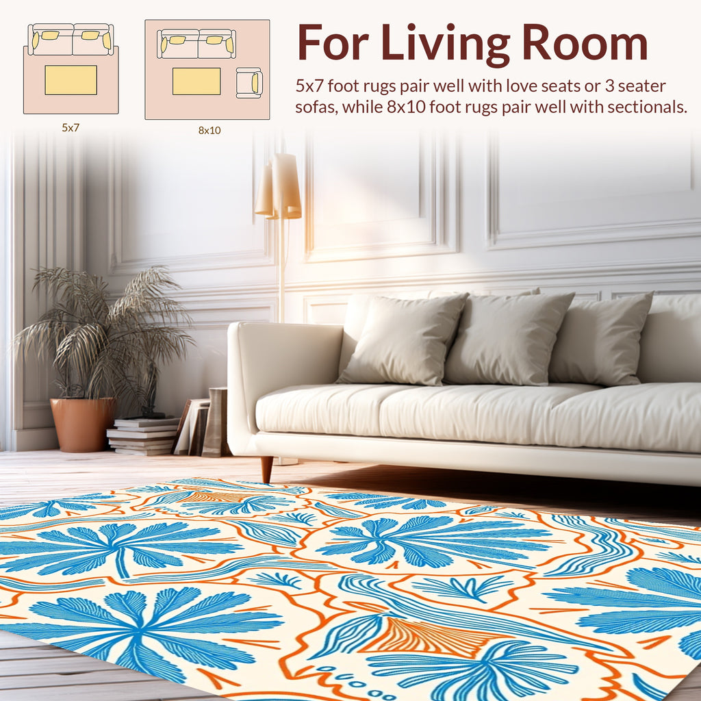 Blue Orange Abstract Floral Pattern Rug