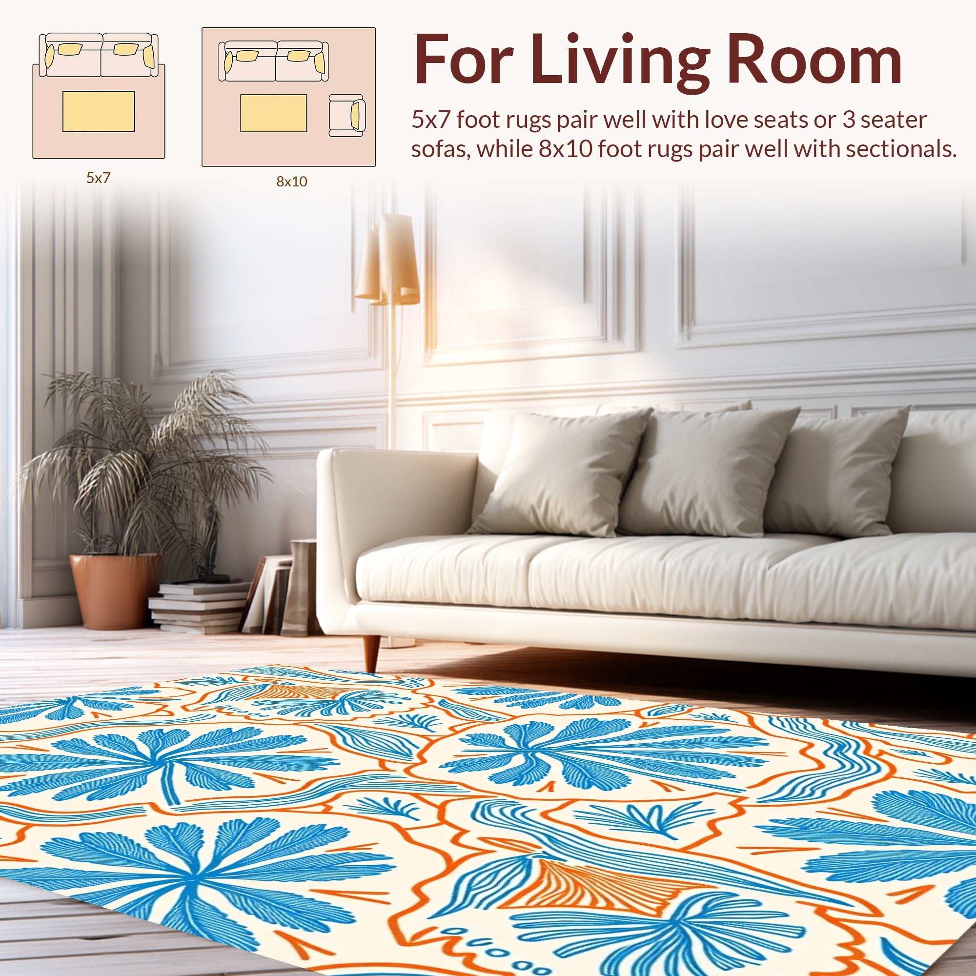 Blue Orange Abstract Floral Pattern Rug