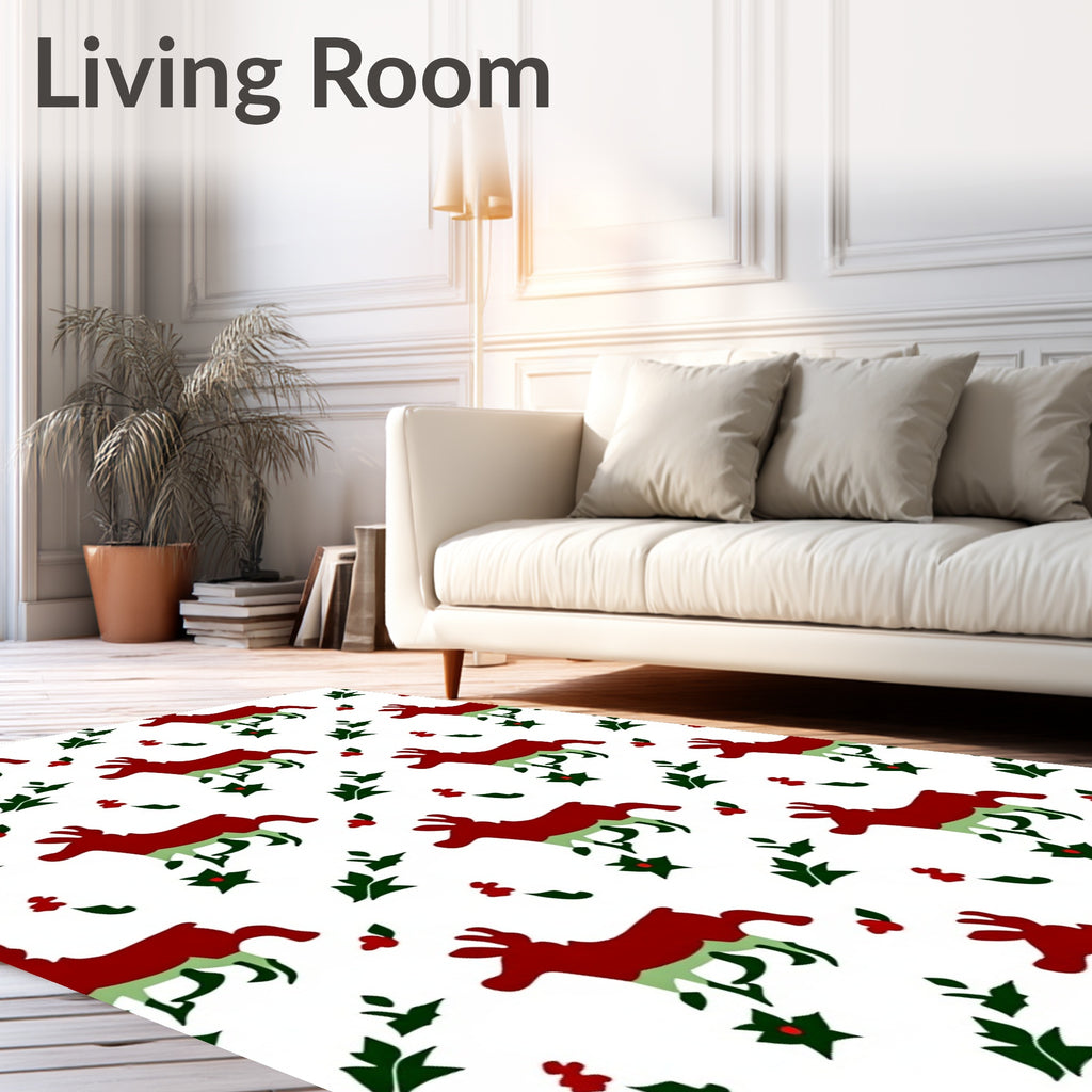 Red Reindeer Holly Berry Collage Rug