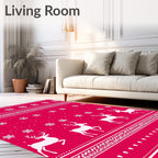 Crimson White Reindeer Snowflake Stripe Rug