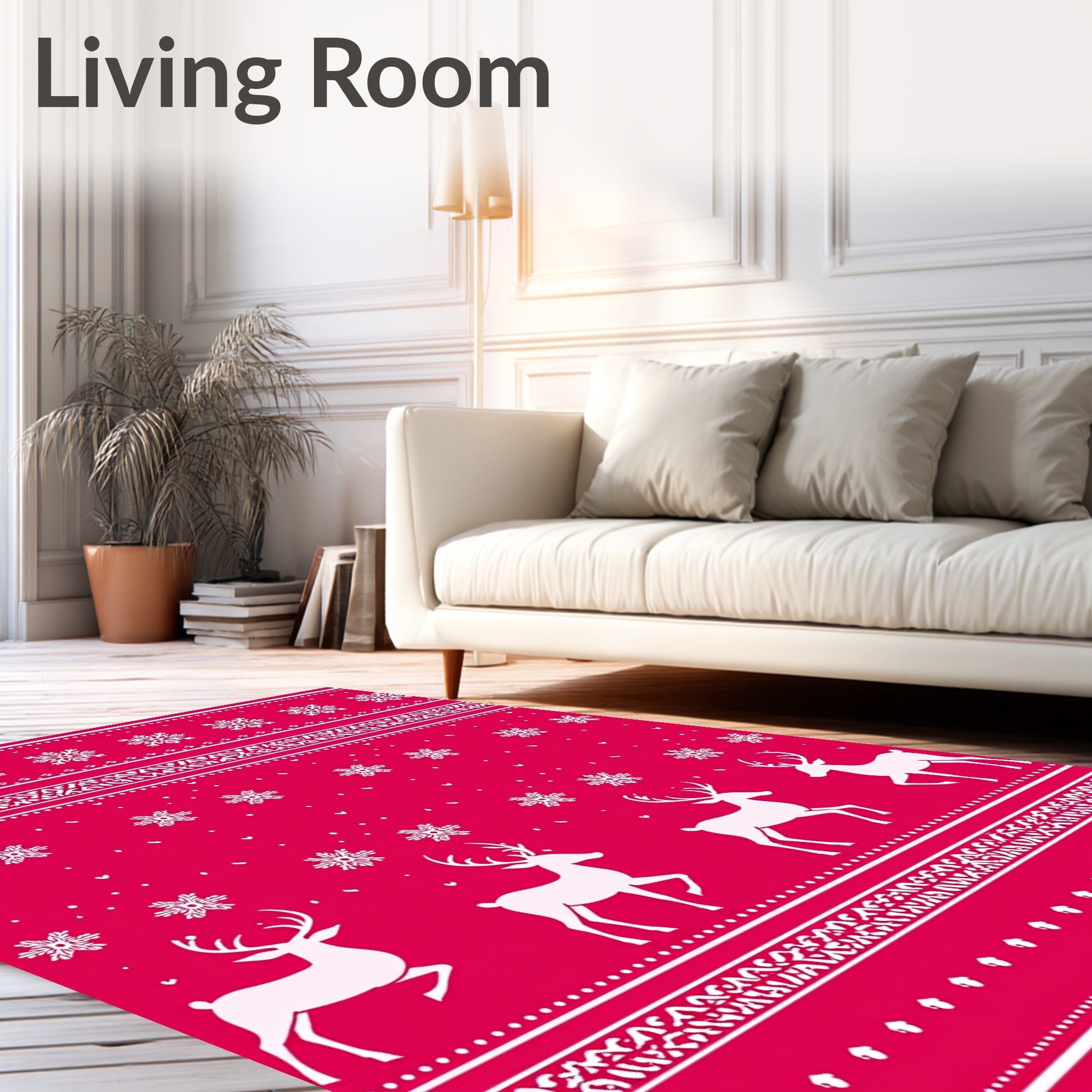 Crimson White Reindeer Snowflake Stripe Rug