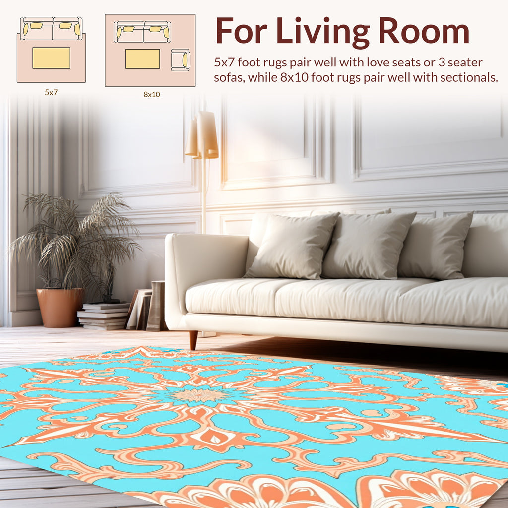 Coral Blue Floral Medallion Pattern Rug