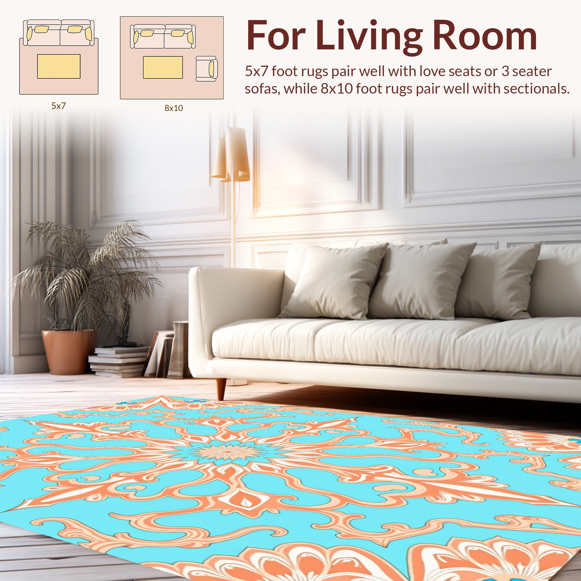 Coral Blue Floral Medallion Pattern Rug