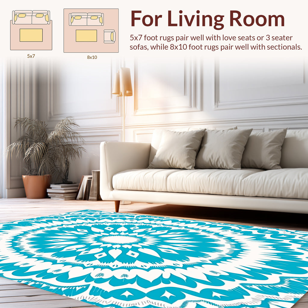Turquoise Intricate Sunburst Mandala Design Rug
