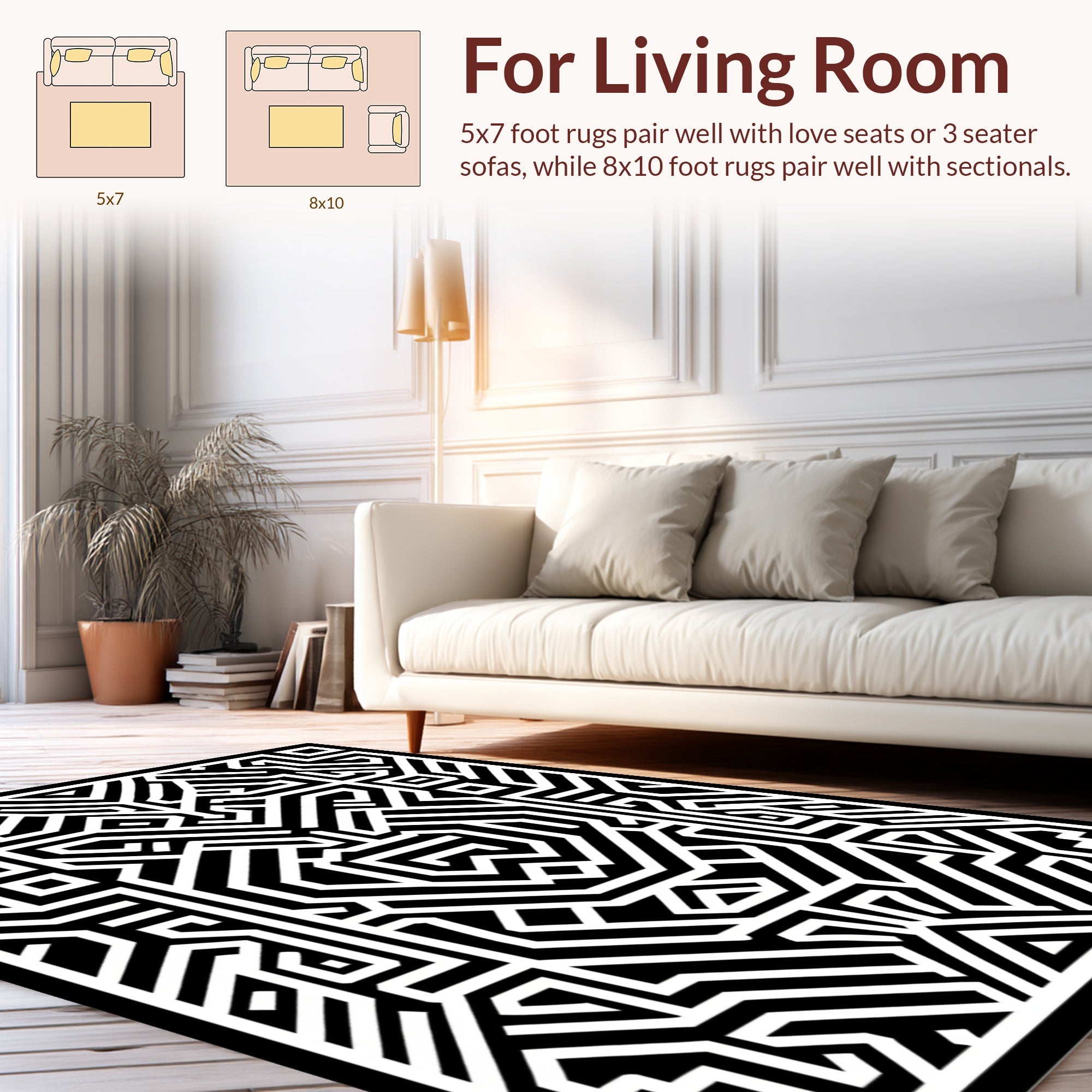 Black White Geometric Maze Pattern Rug