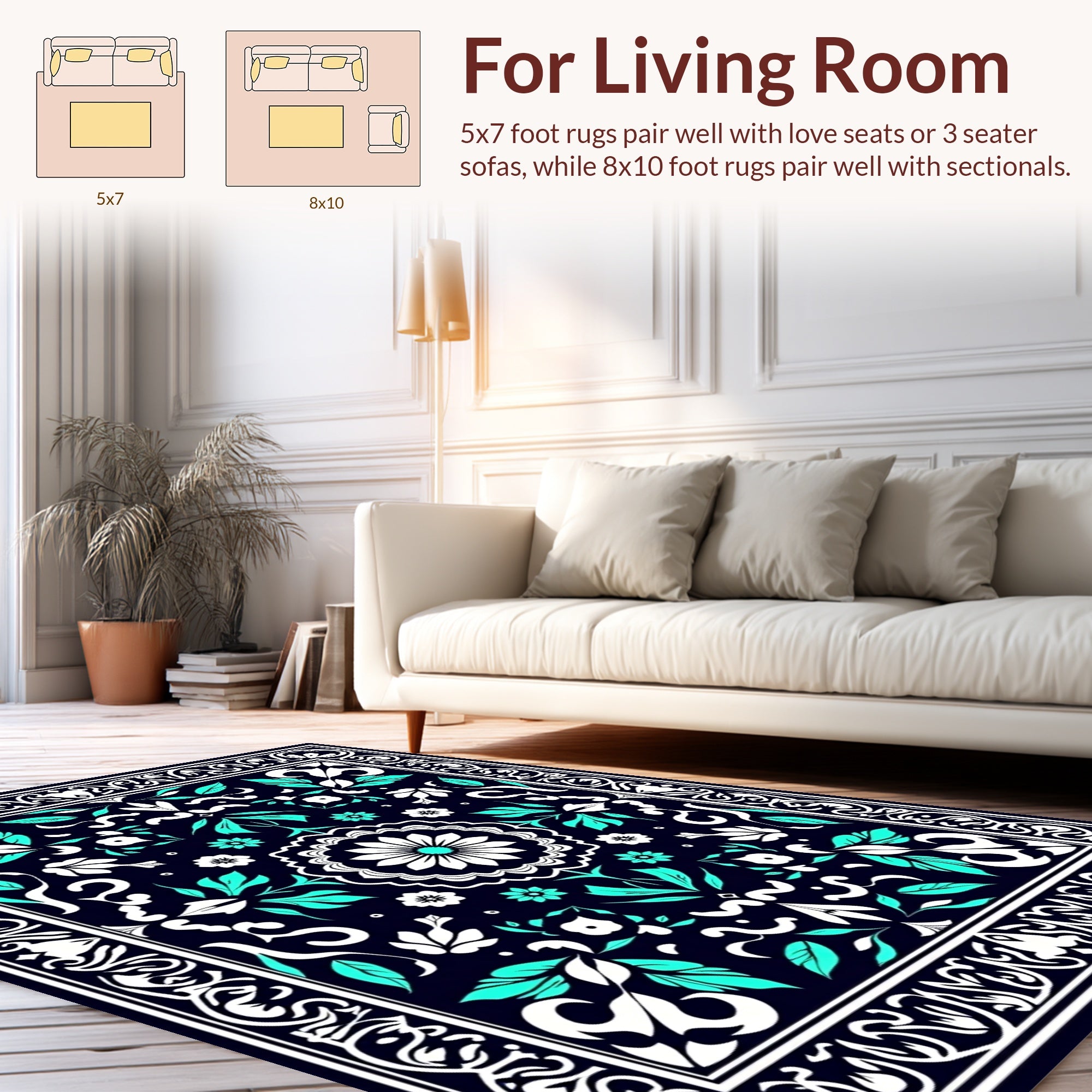 Ornate Teal White Floral Medallion Rug