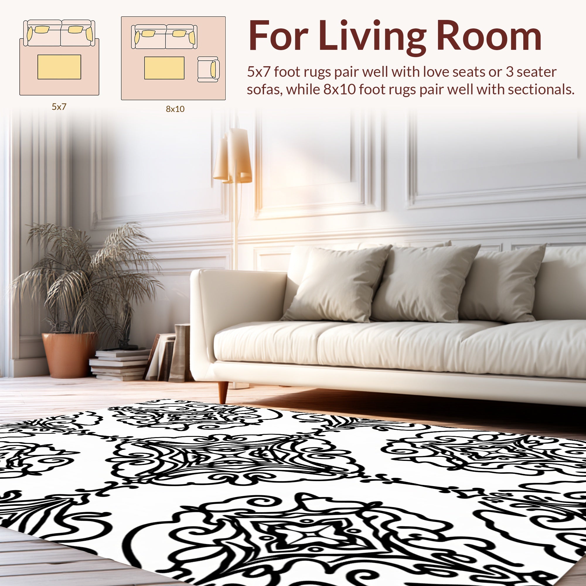 Black White Classic Damask Pattern Rug