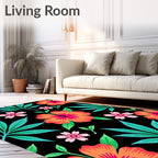 Vibrant Coral Hibiscus Tropical Foliage Rug