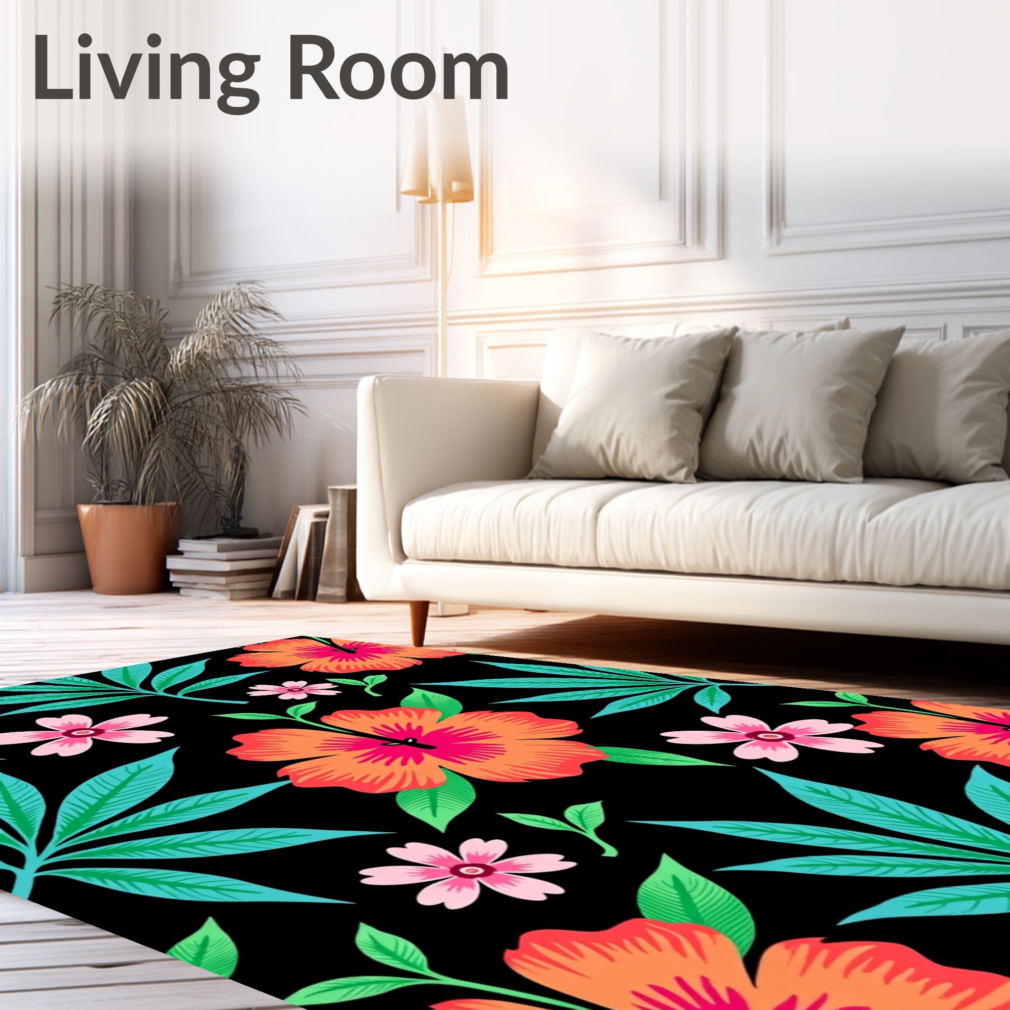 Vibrant Coral Hibiscus Tropical Foliage Rug