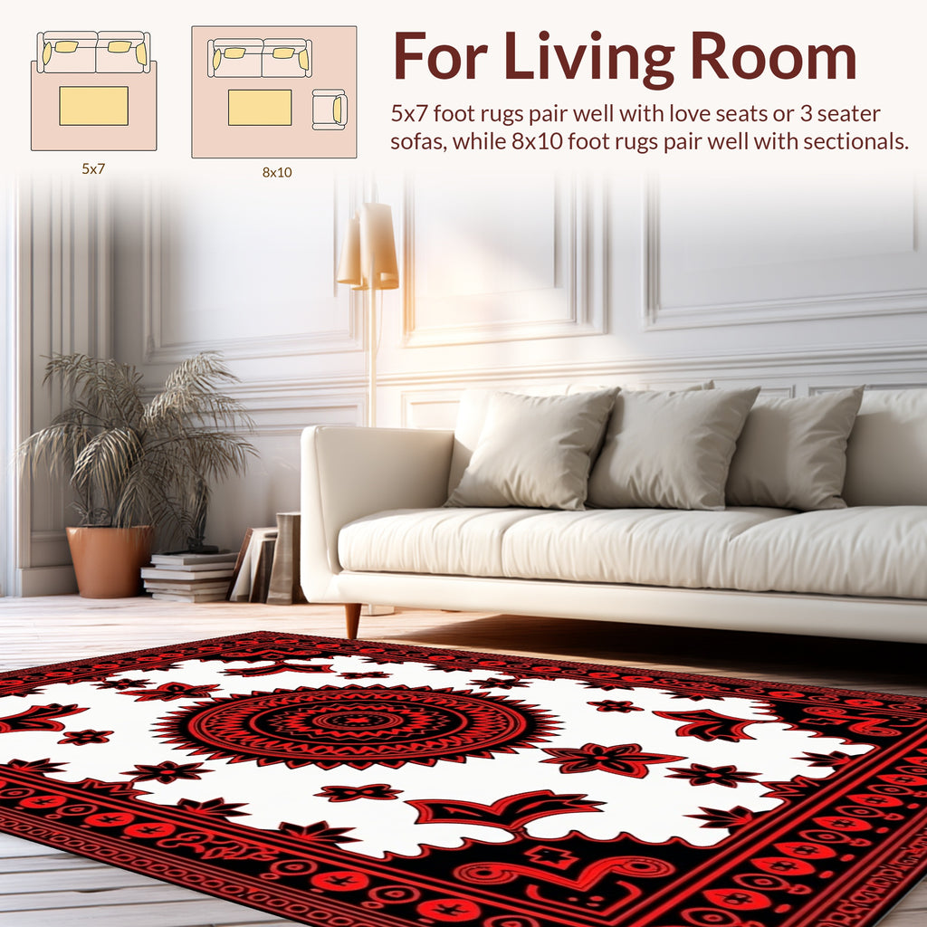 Bold Red Floral Mandala Pattern Rug