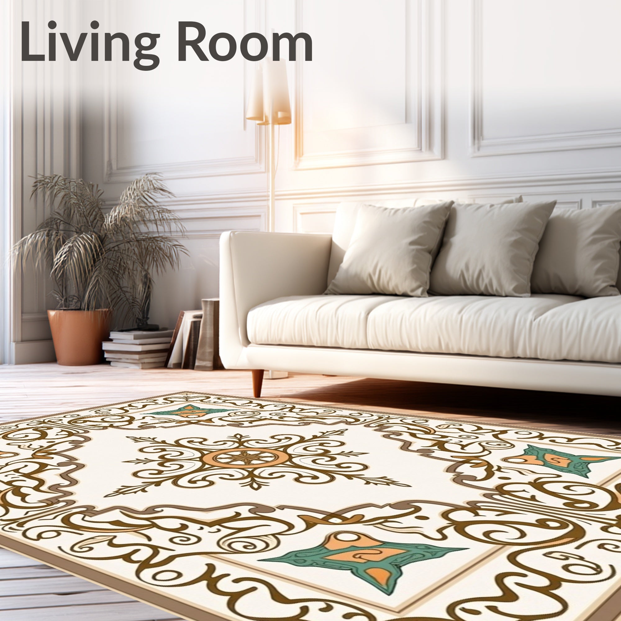 Elegant Beige Scrollwork Floral Medallion Rug